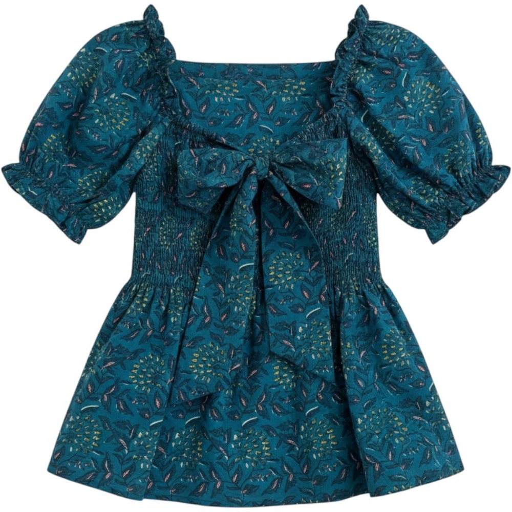 Hand Dyed Hand Printed M Blue Floral Smocked Puff Sleeve Bow Back Cottagecore
